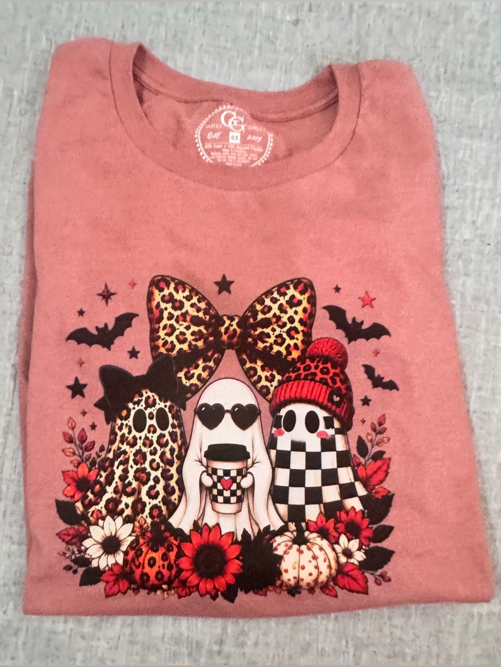 Women’s Glitzy Girlz 4X Halloween Ghost Leopard Bow Graphic Tee – Spooky Season